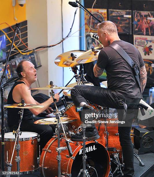 Lars Ulrich and James Hetfield of Metallica perform on Record Store Day at Rasputin Music on April 16, 2016 in Berkeley, California.