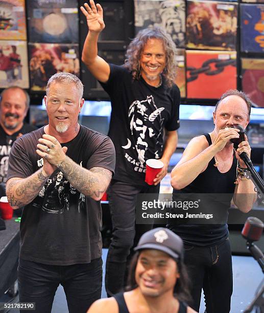 James Hetfield, Kirk Hammett, Robert Trujillo and Lars Ulrich of Metallica perform on Record Store Day at Rasputin Music on April 16, 2016 in...