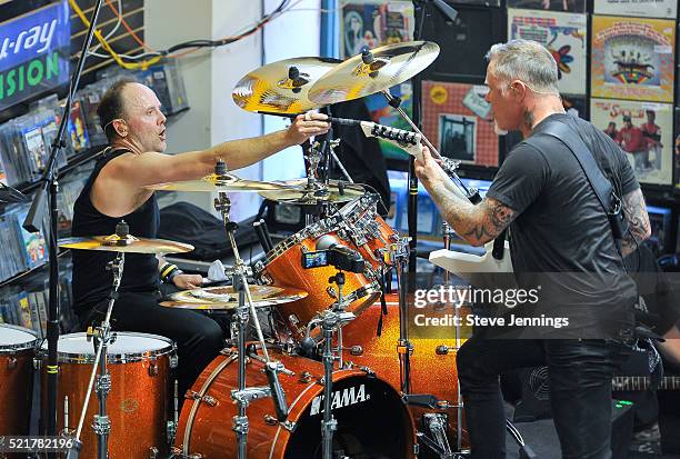 Lars Ulrich and James Hetfield of Metallica perform on Record Store Day at Rasputin Music on April 16, 2016 in Berkeley, California.