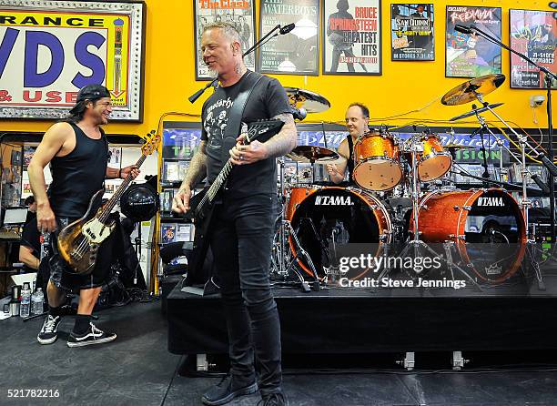 Robert Trujillo, James Hetfield and Lars Ulrich of Metallica perform on Record Store Day at Rasputin Music on April 16, 2016 in Berkeley, California.