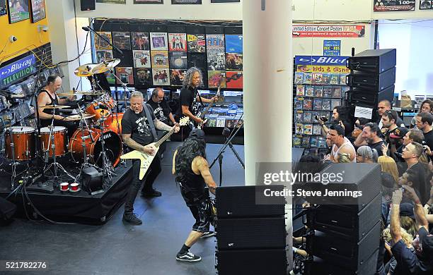 Metallica perform on Record Store Day at Rasputin Music on April 16, 2016 in Berkeley, California.