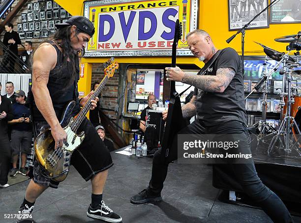 Robert Trujillo and James Hetfield of Metallica perform on Record Store Day at Rasputin Music on April 16, 2016 in Berkeley, California.