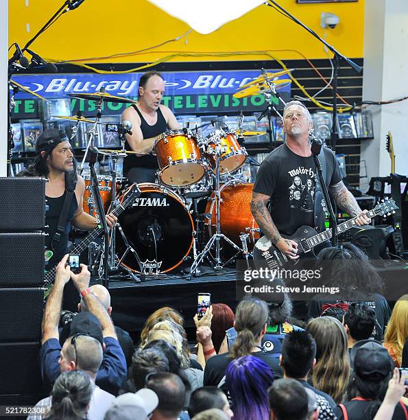 Robert Trujillo, Lars Ulrich and James Hetfield of Metallica perform on Record Store Day at Rasputin Music on April 16, 2016 in Berkeley, California.