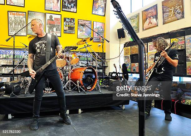 James Hetfield and Kirk Hammett of Metallica perform on Record Store Day at Rasputin Music on April 16, 2016 in Berkeley, California.