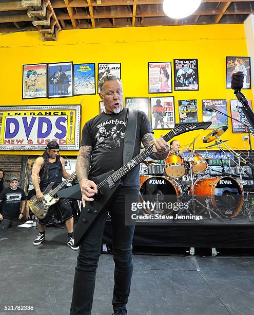 James Hetfield and Robert Trujillo of Metallica perform on Record Store Day at Rasputin Music on April 16, 2016 in Berkeley, California.