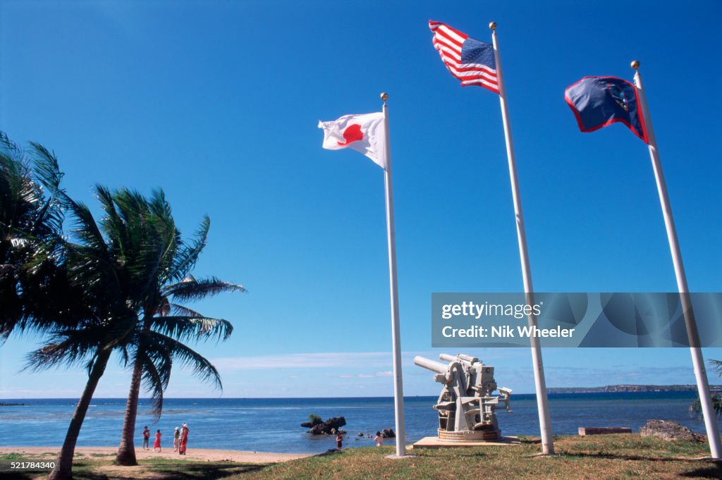 Flags and Japanese Anti-Aircraft Gun