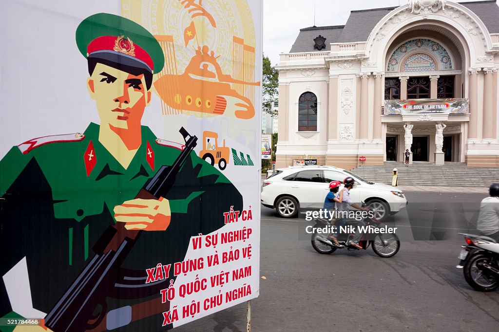 Communist military poster in street in Ho Chi Minh City, Vietnam