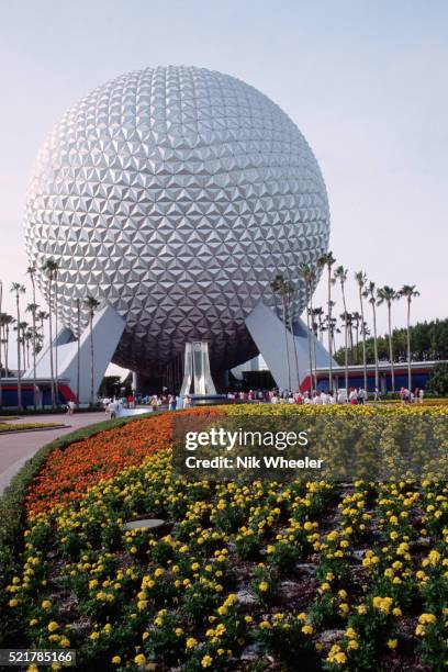 The characteristic geodesic dome marks EPCOT Center's Future World at Walt Disney World in Florida.