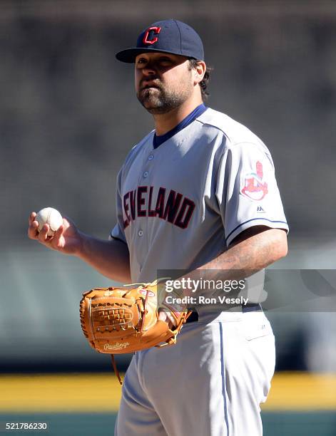 Joba Chamberlain of the Cleveland Indians looks on against the Chicago White Sox on April 9, 2016 at U.S. Cellular Field in Chicago, Illinois. The...