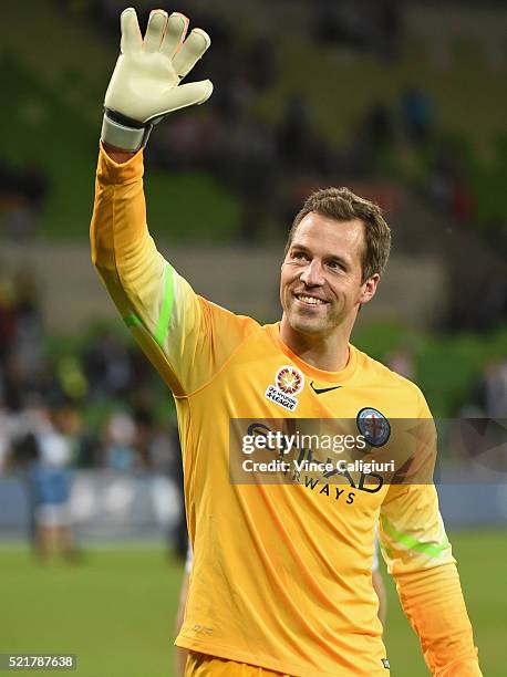 Melbourne City goalkeeper Thomas Sorensen waves to fans after winning the A-League Elimination Final match between Melbourne City FC and Perth Glory...