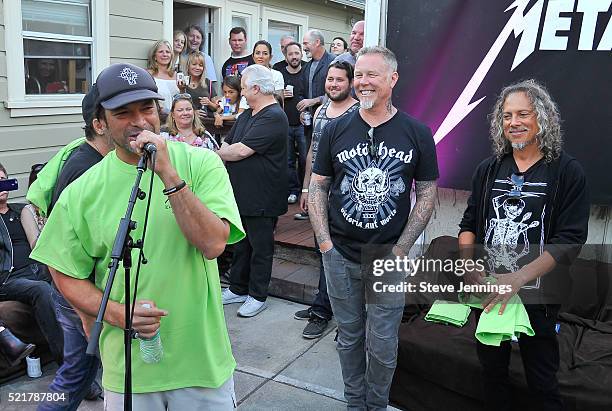 Robert Trujillo, James Hetfield and Kirk Hammett of Metallica attend the Proclamation the band receive from the Mayor of El Cerrito on Record Store...