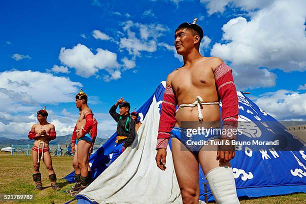 mongolia, ovorkhangai province, ondorshireet, the naadam festival, wrestler - nadaam festival stock pictures, royalty-free photos & images