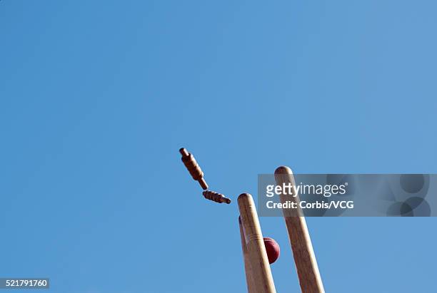 a cricket ball striking the wicket - wicket stockfoto's en -beelden