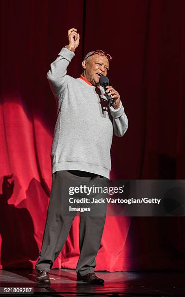 South African composer, bandleader, and musician Hugh Masekela hosts the 'Africa Now! South Africa!' concert at Harlem's Apollo Theater, New York,...