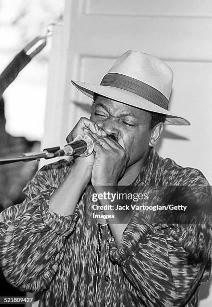 American Blues musicias Phil Wiggins, who performs as Cephas & Wiggins, plays at the Benson & Hedges Blues Festival in the Philip Morris Building...