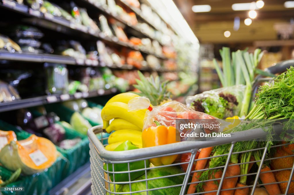 Close up of full shopping cart in grocery store