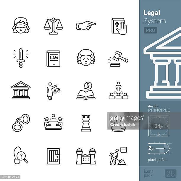 recht und gerechtigkeit zugehörige vektor-icons-pro packung - legal trial stock-grafiken, -clipart, -cartoons und -symbole