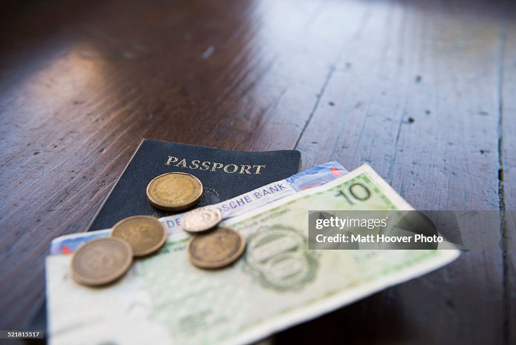 Dutch banknotes, coins and passport