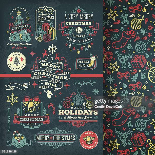 hand drawn blackboard christmas labels & badges - chalkboard vector stock illustrations