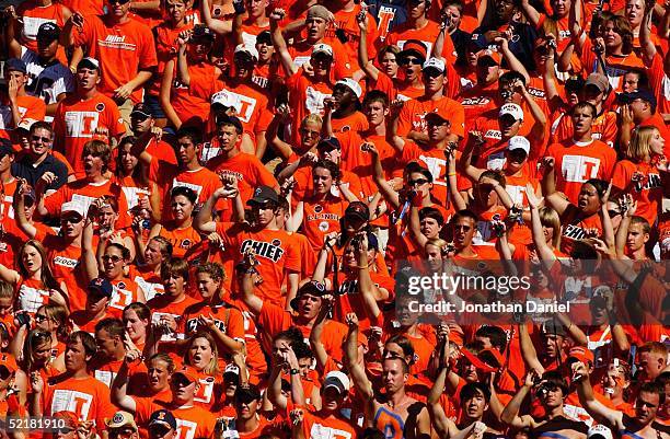 University of Illinois Fighting Illini fans cheer during the game against the Purdue University Boilermakers on September 25, 2004 at Memorial...