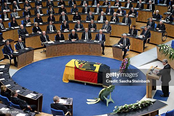 German President Joachim Gauck speaks during the state memorial ceremony to honor Hans-Dietrich Genscher at World Congress Center on April 17, 2016...