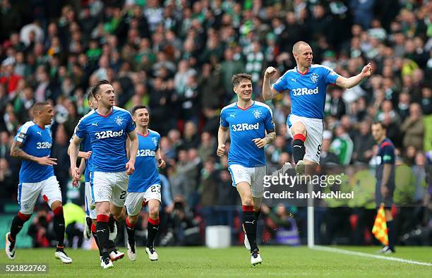 Kenny Miller of Rangers celebrates after scoring the opening goal of the game during the William Hill Scottish Cup semi final between Rangers and...
