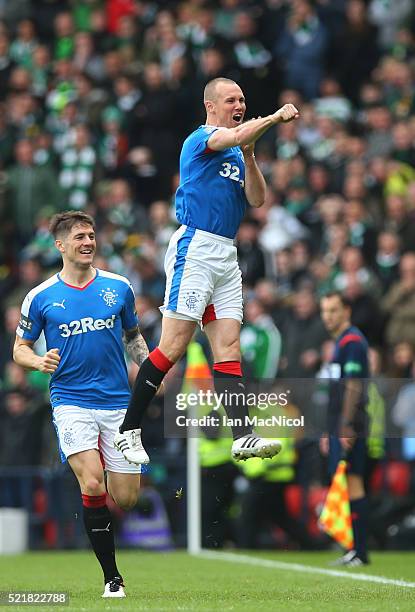 Kenny Miller of Rangers celebrates after scoring the opening goal of the game during the William Hill Scottish Cup semi final between Rangers and...