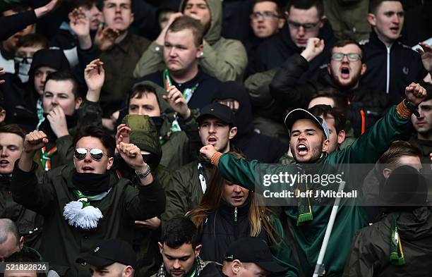 Celtic fans sing ahead of the William Hill Scottish Cup semi final between Rangers and Celtic at Hampden Park on April 17, 2016 in Glasgow, Scotland.