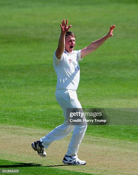 Josh Shaw of Gloucestershire unsuccessfully appeals for the wicket of Chesney Hughes of Derbyshire during Day One of the Specsavers County...