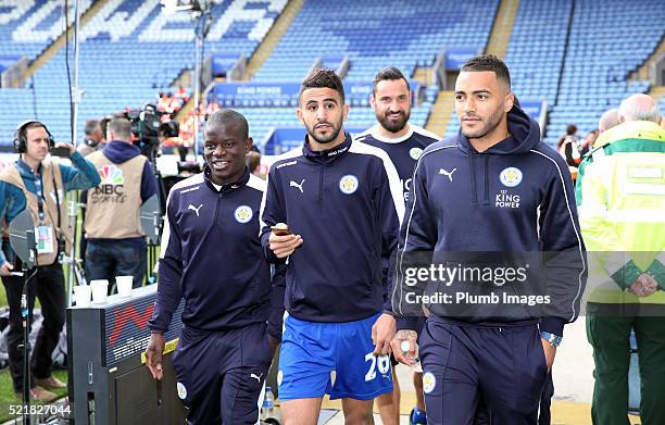 Golo Kante, Riyad Mahrez and Danny Simpson of Leicester City at King Power Stadium ahead of the Barclays Premier League match between Leicester City...