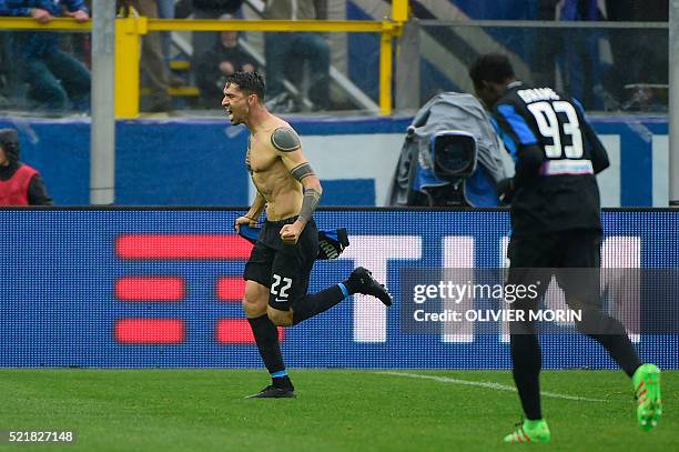 Atalanta's midfielder from Italy Marco Borriello celebrates after scoring his second goal during the Italian Serie A football match Atalanta vs AS...