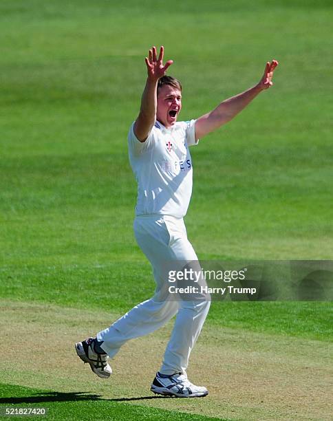 Josh Shaw of Gloucestershire unsuccessfully appeals for the wicket of Chesney Hughes of Derbyshire during Day One of the Specsavers County...