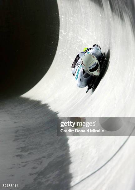 Koshi Kazuhiro of Japan speeds down the hill in the Men's Skeleton for the Bobsled & Skeleton World Cup on February 11, 2005 at the Verizon Sports...