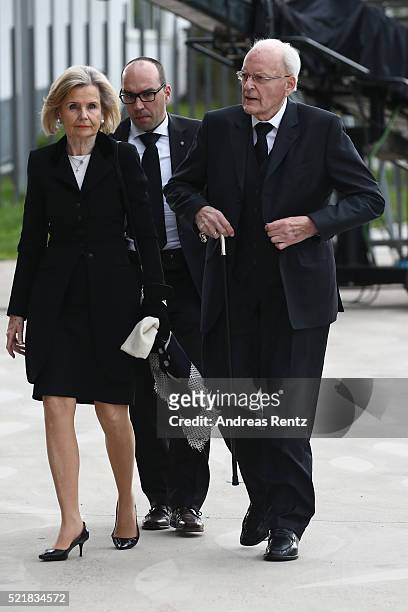 Roman Herzog and his wife arrive for the state memorial ceremony to honor Hans-Dietrich Genscher on April 17, 2016 in Bonn, Germany. Genscher, a...