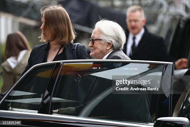 Roland Dumas arrives for the state memorial ceremony to honor Hans-Dietrich Genscher on April 17, 2016 in Bonn, Germany. Genscher, a member of the...