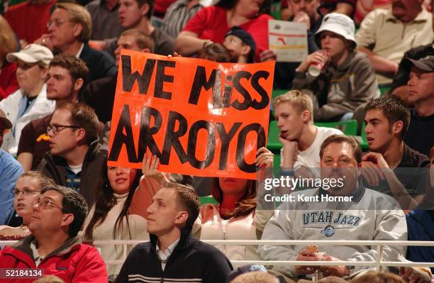 Fans wish Carlos Arroyo would return to the Utah Jazz during the game against the New Jersey Nets on January 29, 2005 at the Delta Center in Salt...