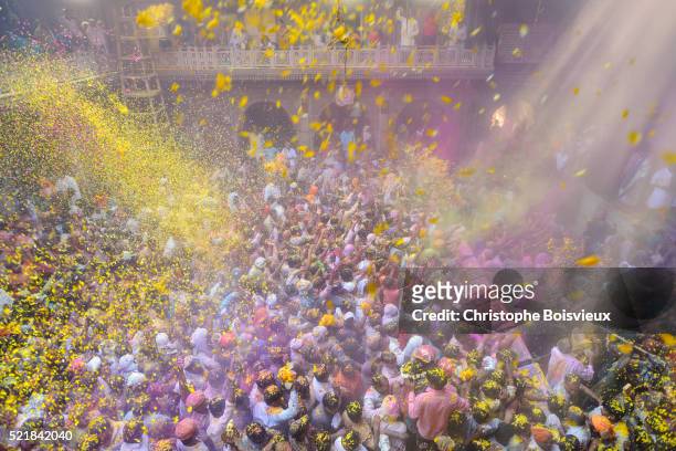 india, uttar pradesh, holi festival, colour and spring festival celebrating the love between krishna and radha - indian temples foto e immagini stock