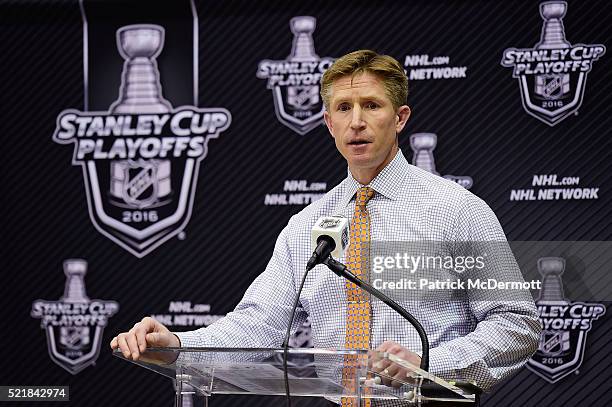 Head coach Dave Hakstol of the Philadelphia Flyers speaks to members of the media after the Washington Capitals defeated the Flyers 2-0 in Game One...