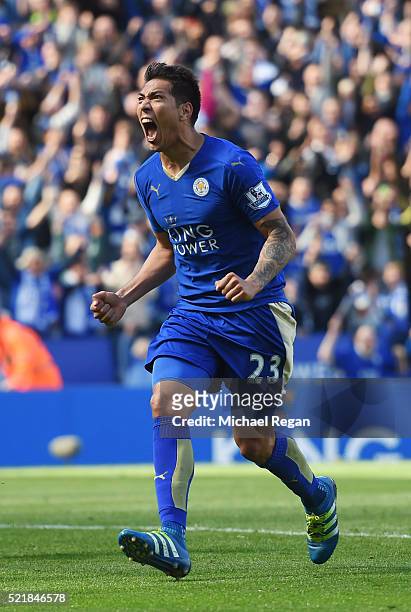 Leonardo Ulloa of Leicester City celebrates after scoring his team's second goal of the game from the penalty spot during the Barclays Premier League...