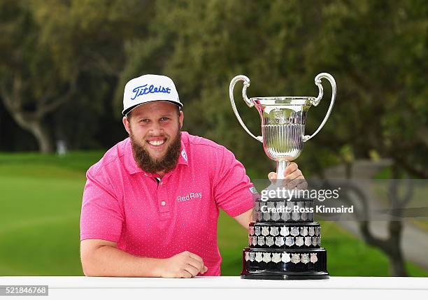 Andrew Johnston of England poses with the trophy after victory during the final round on day four of the Open de Espana at Real Club Valderrama on...