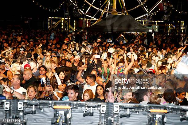 General view of the crowd at the Levi's Brand and RE/DONE Levi's presents NEON CARNIVAL with Tequila Don Julio on April 16, 2016 in Thermal,...