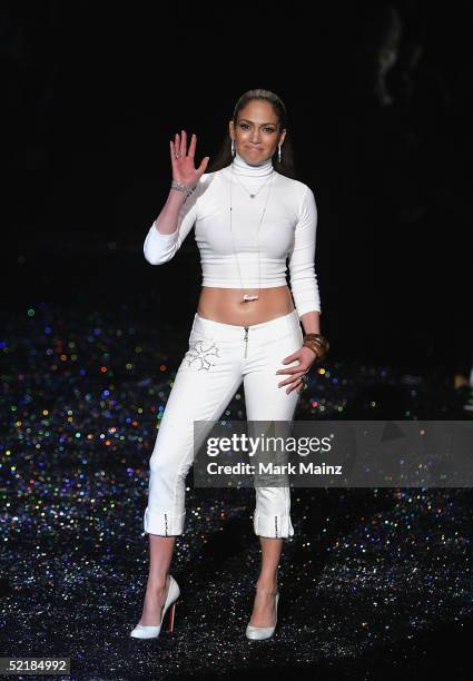 Fashion designer Jennifer Lopez closes the runway at the Jennifer Lopez Fall 2005 show during the Olympus Fashion Week in Bryant Park February 11,...