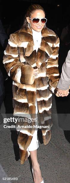 Jennifer Lopez arrives for the Jennifer Lopez Fall 2005 show during the Olympus Fashion Week in Bryant Park February 11, 2005 in New York City.