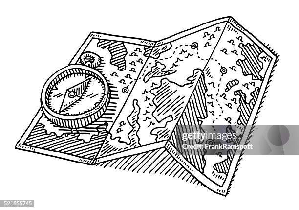 navigation compass folded map drawing - trail-map-sketch stock illustrations