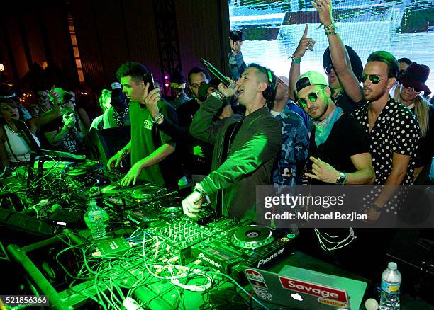 Jesse Marco and DJ Politik perform on stage at the Levi's Brand and RE/DONE Levi's presents NEON CARNIVAL with Tequila Don Julio on April 16, 2016 in...