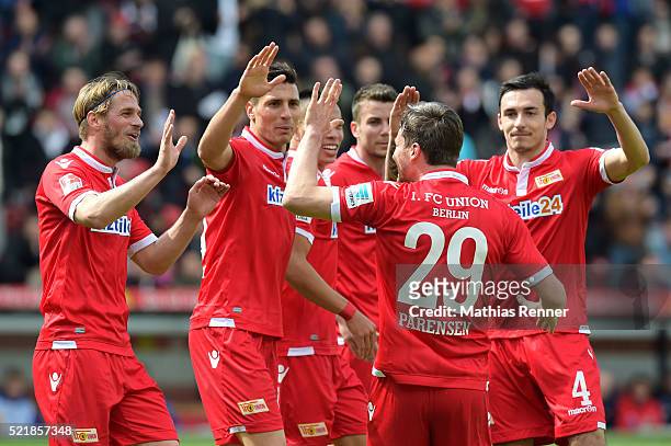 Players of Union Berlin celebrate after scoring the 1:0 during the Second Bundesliga match between Union Berlin and 1. FC Heidenheim on April 17,...