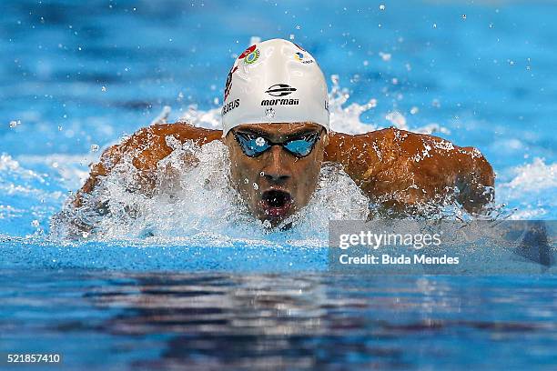 Leonardo de Deus of Brazil swims the Men's 200m Butterfly heats during the Maria Lenk Trophy competition at the Aquece Rio Test Event for the Rio...