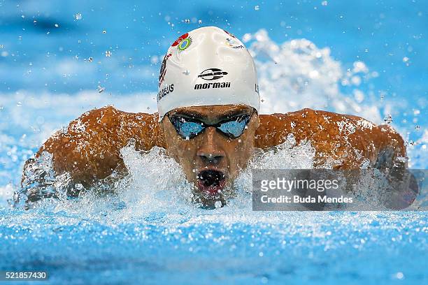Leonardo de Deus of Brazil swims the Men's 200m Butterfly heats during the Maria Lenk Trophy competition at the Aquece Rio Test Event for the Rio...