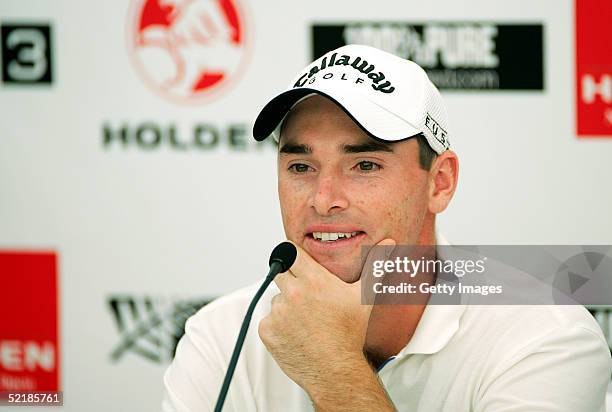 Oliver Wilson of England speaks during a press conference after finishing with a 17 under lead on day three of the Holden New Zealand Open at Gulf...