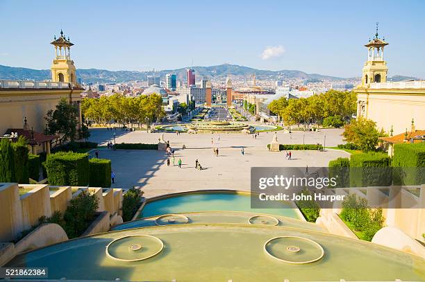 placa d'espanya seen from montjuic hill in barcelona - montjuic stock pictures, royalty-free photos & images